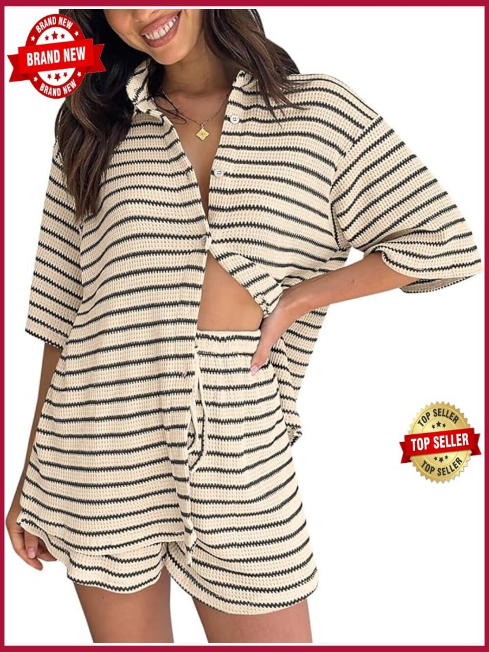 Women's Knit 2 Piece Outfit Striped Button Down Top & Drawstring Shorts
